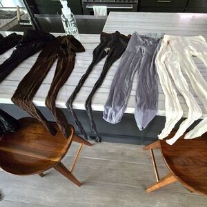 10 pairs in various shades of used panty hose, one sheer pate of seamed stocking